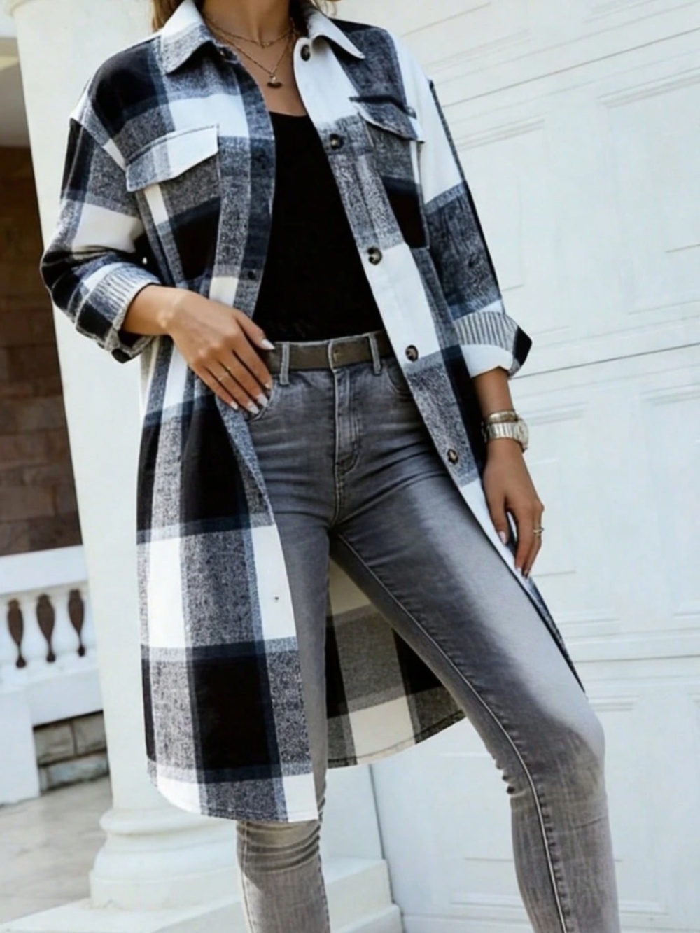 Classic Plaid print Button Down Curved hem Loose Fit Jacket Shacket
